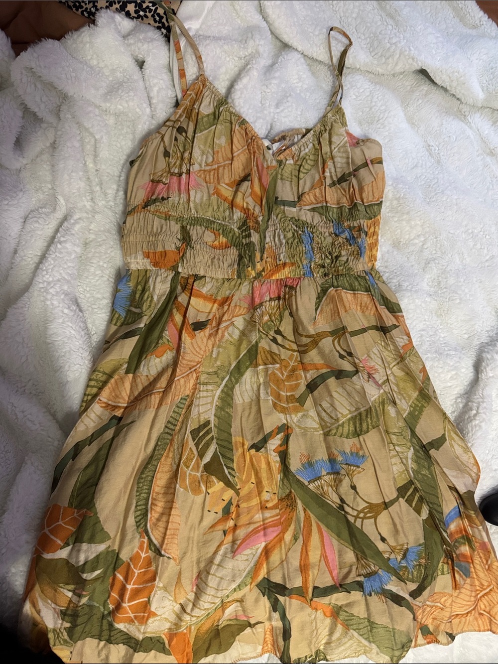H&M Beige Tropical Print Mini Dress with Green and Orange